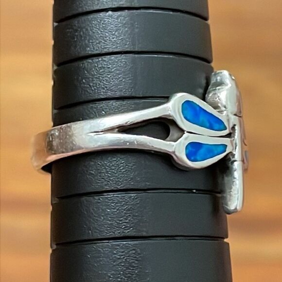 Sterling Silver Dragonfly Blue Inlaid Opal Ring Womens Size 9.75 - Picture 9 of 10